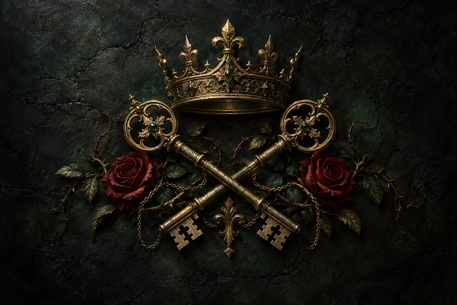 Original royal emblem with a brass crown, crossed keys, and deep red roses