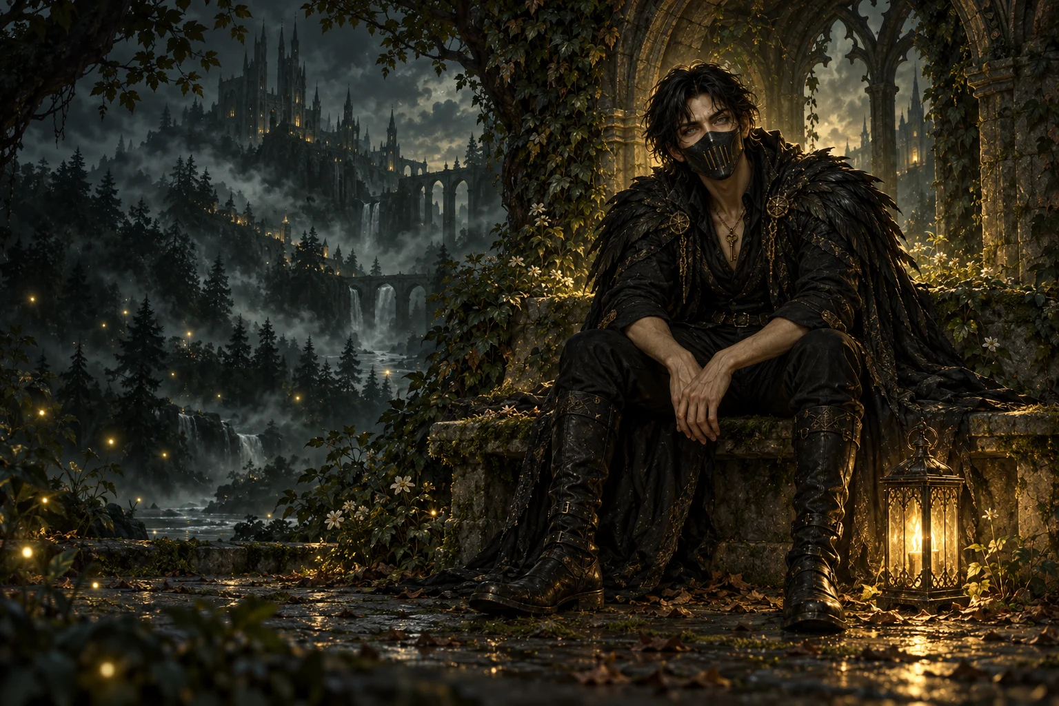 Miki seated on a stone bench in a misty woodland courtyard, resting beside a warm lantern